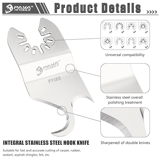Multitool Saw Blades, Oscillating Multi Tool Hook Knife Blade for Cutting Roofing Shingles, PVC Carpet,Cardboard and Other Soft Materials (3-Pack)