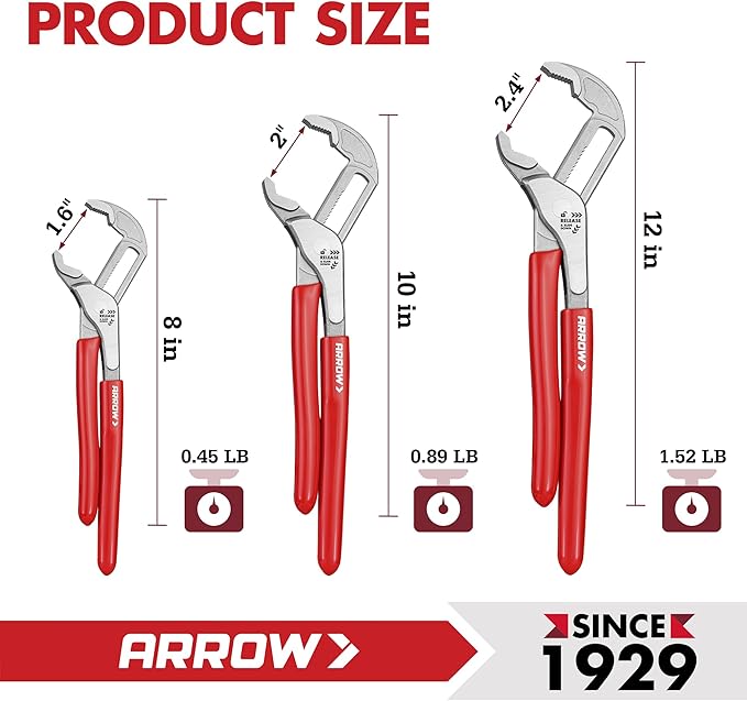 Arrow 3-Piece V-Jaw Groove Joint Pliers Set (8", 10", 12"), Quick Adjustable Water Pump Pliers with 18 Positions, CR-V Steel, for Plumbing, Automotive, Mechanical Repair and Household Use