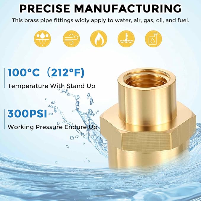 Packs of 2, 3/8" NPT FeMale to 3/8" NPT FeMale Solid Brass Pipe Fitting Coupler W/Sealing Tape, Brass Coupling Hose Fittings Adapter for Pipe Leak Repair, Tool Extensions