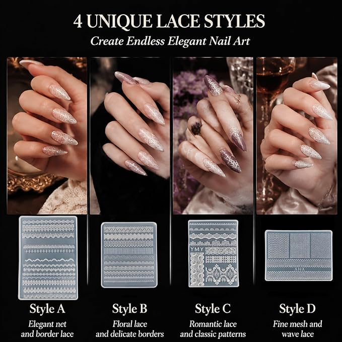 Lace Silicone Nail Molds, 4PCS 3D Lace Nail Art Mold with Carving Pen & Scraper, 3D Gel Nail Charm Mold for Nail Art Design, DIY Crafts, Resin Jewelry Decor
