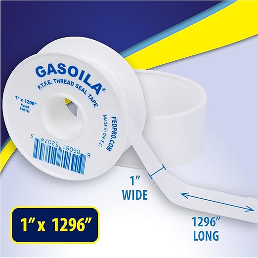 Gasoila PTFE Thread Seal Tape – Professional-Grade, 1 Inch x 1296 Inch, Low-Density Thread Tape for Plumbing and Water Pipes – Leak-Proof Seal, Non-Toxic