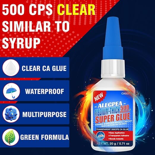 20g Medium-Thick CA Glue (500 CPS), Instant Clear Cyanoacrylate Glue for Wood, Glass, Metal, Paper, Leather, Plastic, Ceramic, Rubber, Jewelry, Woodworking, Hobby Models, and Craft Project
