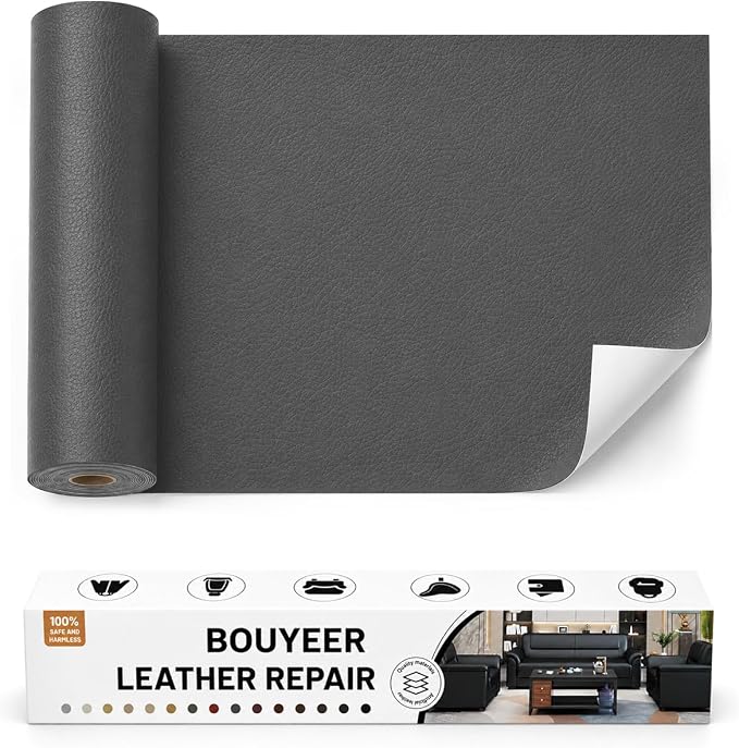 BOUYEER Leather Repair Patch Tape Kit,Self Adhesive Leather Repair for Sofa，Car Seat,Office Chair,Furniture,Jacket,Waterproof Strong Adhesive Vinyl Repair Kit. 16 in x 31 in,Dark Grey