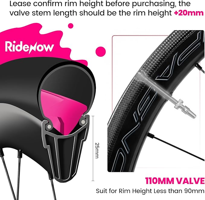 RideNow Tubeless Presta Valve Stems, 85mm Super Light Alloy Presta Tubeless Valve Stem Kit with Valve Core Remover Tool and Valve Stem Caps, Multiple Color and Size Options(Pair),Black