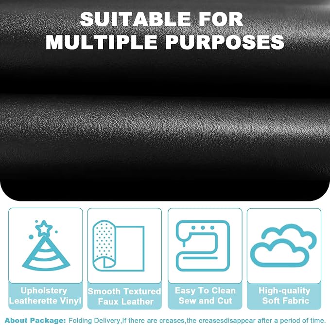 Black Faux Leather Fabric 19"x54" - Smooth Waterproof Vinyl Leather for Upholstery, Furniture Refurbishment, Sofa Repair, Automotive Interior and DIY Sewing Projects