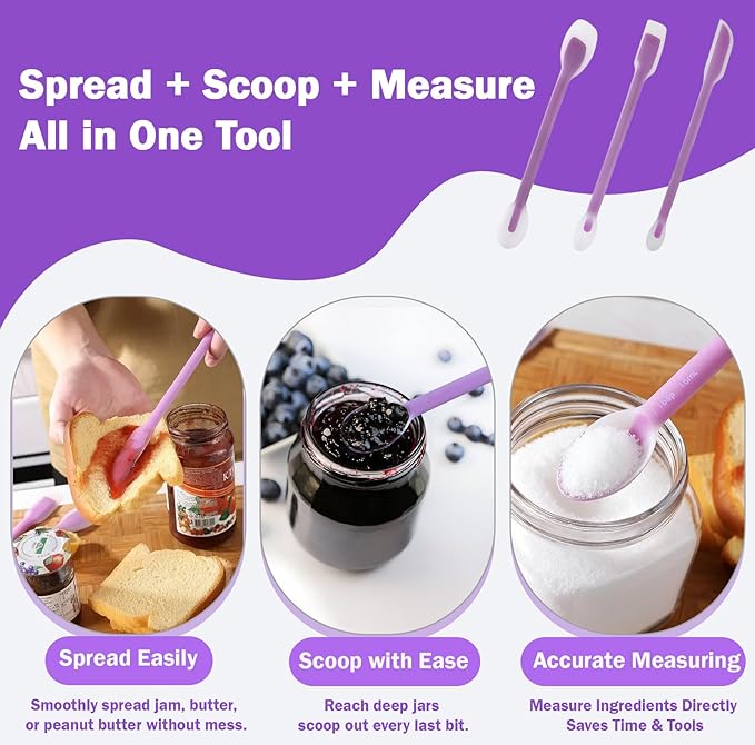 Long Handle Jar Scraper & Dual-Ended Silicone Spatula Spoon Set of 3 – Peanut Butter Spatula with Measuring Scale (1 Tbsp, 1 Tsp, 1/2 Tsp) for Deep Jars, Jam, Mayo, Blender Cups (purple)