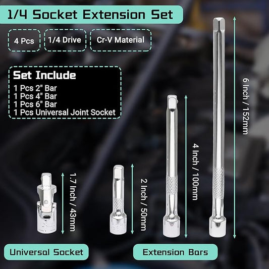 4 Pcs 1/4 Inch Socket Extension Set, CR-V Ratchet Extension Set Include 2, 4, 6 Inch Bars and 1/4" Universal Joint Socket for Ratchets and Torque Wrenches, Ideal for Repair, DIY