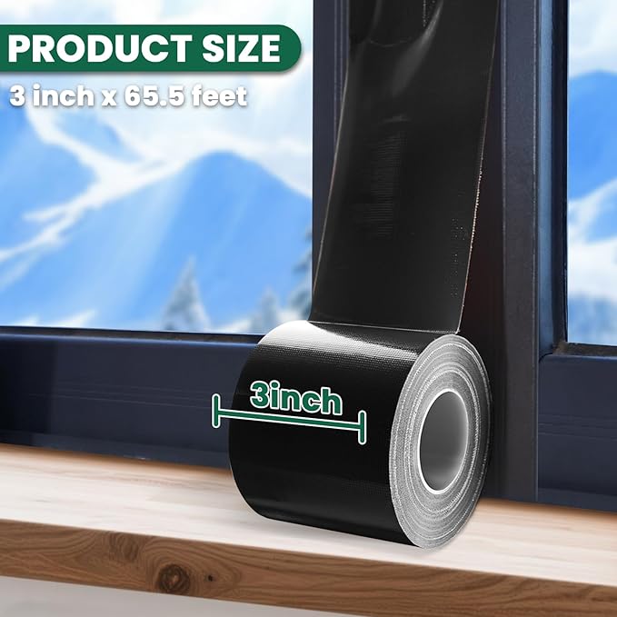 Window Sealing Tape, Window AC Insulation Air Conditioner Sealing Around Frame, 3 inch X 65.5 FT, Blocker for Cold Heat Air, Waterproof Tape for Repair, Heavy Duty No Residue (Black)