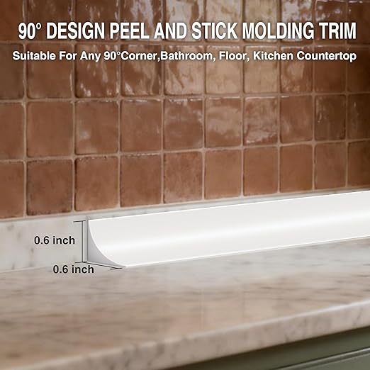 472 Inch Peel and Stick Quarter Round Molding Trim,Bathtub Trim Molding,Sink Gap Filler,Silicone Rubber Kitchen Water Splash Guard,White L Shaped Wall Corner/Baseboard Trim Cover Protector,Fixed Gaps