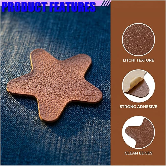 4PCS Stars-Shaped Car PVC Leather Repair Patch Tape, Self-Adhesive Car Seat Tear Repair Kit, Wear-Resistant Auto Interior Decoration Sticker Accessories for Furniture, Upholstery (Brown)