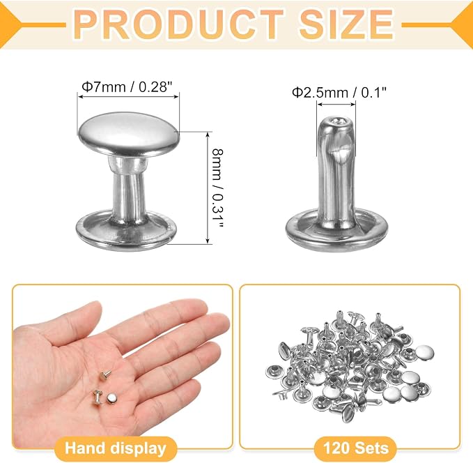 uxcell 120Set Leather Rivets, 7mm Double Cap Rivet Tubular Metal Studs Repairs Decoration Craft Accessories for Repair Decorate Leather Craft Belt Bag Shoes Purse Belts, Silver