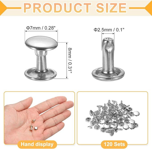 uxcell 120Set Leather Rivets, 7mm Double Cap Rivet Tubular Metal Studs Repairs Decoration Craft Accessories for Repair Decorate Leather Craft Belt Bag Shoes Purse Belts, Silver
