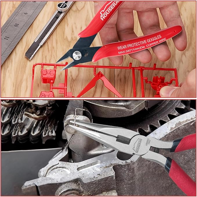 8-Piece Tool Set with Case Including 10” Slip Joint Pliers, 8.3” Long Nose, 8.3” Linesman, 7.5” Diagonal, 6” Flush Cutter, 5” Long Nose, 5” 170 Cutter, 25mm Rubber Mallet for DIY & Home Use