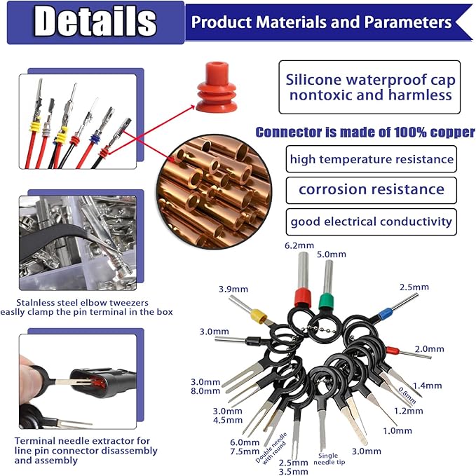 Connector Pins Kit Terminal Pin Automotive Car Electrical 1/1.5/1.8/2.2/2.3/2.5/2.8/3.5mm Male&Female Wire Seals Removal Tool kit Motorcycle ATV Wire Non-Insulated Plug Crimp tools Set