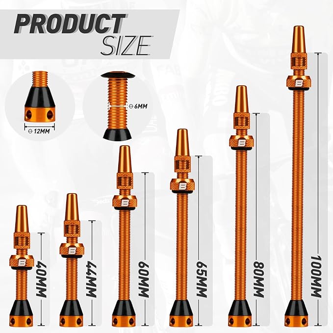 BWSHLF Tubeless Presta Valve Stem 40/44/55/60/65/80/100 mm, Super Light Alloy Presta Valve Stem Kit with Valve Core Remover Tool and Valve Stem Caps - Multiple Color and Size Options(Pair)