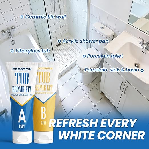 Bathtub & Shower Repair Kit White, Acrylic, Enamel, Fiberglass Tub & Sink Professional Fix for Chips, Cracks, Scratches & Holes in Sinks, Showers, Toilets & Ceramic Tiles