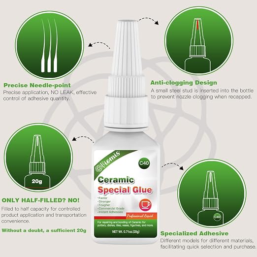 20g Ceramic Glue, Instant Ceramic Super Glue for Porcelain and Pottery Repair, Fast Drying | Heat Resistant | Waterproof Strong Adhesive for Bonding Ceramic, Dishes, Tiles, DIY Crafts