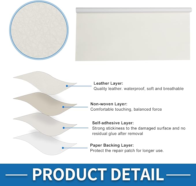 Self Adhesive Leather Repair Patch Strong Stickiness 39"x53.9" Leather Repair Tape PVC Faux Leather White 1 Pcs