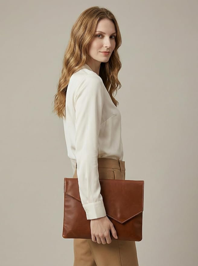 Vintage Leather 13.5" Business Clutch Envelope Bag Documents Certificate Laptop Sleeve Case Office File Folder (Orange)