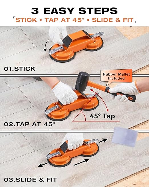 Saker Floor Gap Fixer Tool Kit with Mallet, 20PCS Washable Pads & Gloves, Suction Cup Tool for Laminate Floor Gap Repair, Vinyl Plank & Wood Floors (2 Type Suction Cups+Rubber Mallet)