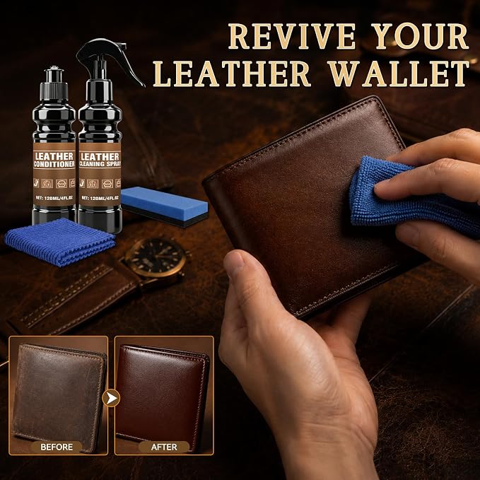 Leather Cleaner and Conditioner, Leather Cleaning Kit, Leather Conditioner, Cleans Stains, Restores Softness and Shine, Protects Cracking, for Car Seats, Sofa, Bags, 2 Bottles (4 oz Each)