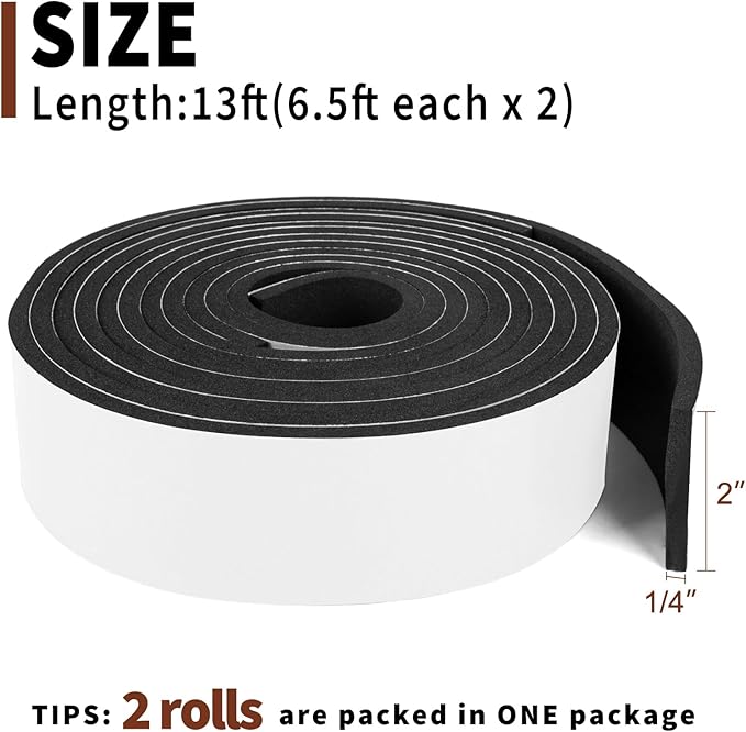 Yotache Foam Rubber Seal Strip Tape 2" x1/4", Foam Adhesive Strips Closed Cell Foam Tape Automotive Weather Stripping, 2 Roll Total 13 Feet Long