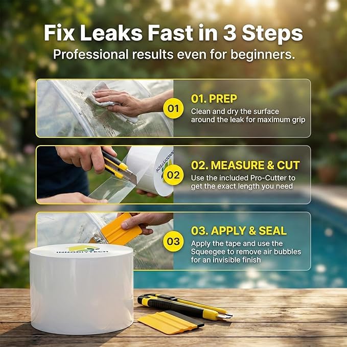 Waterproof Tape for Pools 3.94" W x 4.92ft L Transparent PVC Repair for Pools, Liners, Plastic, Outdoor, Wet Surfaces, Leak Seal, Adhesive, Cutter Included.