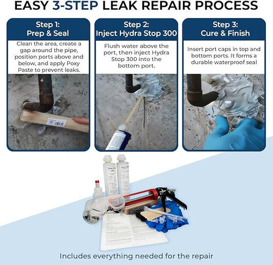 Water Pipe & Foundation Leak Repair Kit, Expanding Waterproof Sealant Foam for Pipe Penetrations Up to 1" Diameter, Basement Waterproofing & Concrete Wall Waterline Leak Sealer, No-Drill DIY Solution
