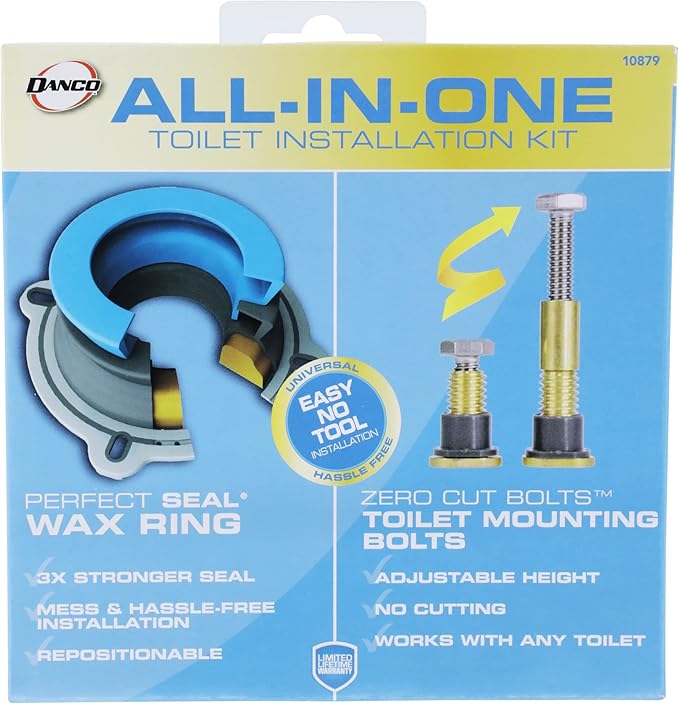 DANCO All-in-One Toilet Installation Kit, Perfect Seal Wax Ring & Zero Cut Bolts, Toilet Repair, Wax-Free, Mounting Toilet Bolts (10879X)