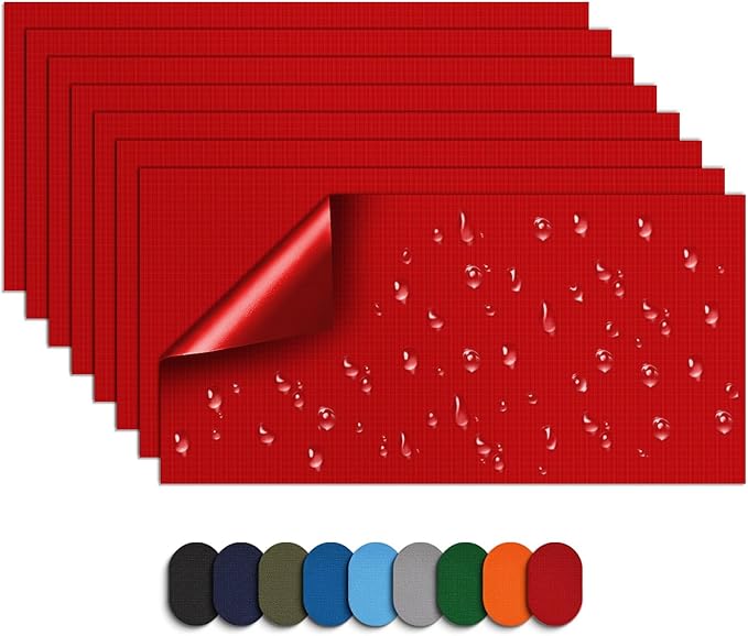 Self-Adhesive Nylon Patches Tent Repair Kit – Outdoor Gear Tenacious Repair Tape, Waterproof Fabric Patches for Clothes, Tent, Down Jacket, Backpack (8pcs, Red