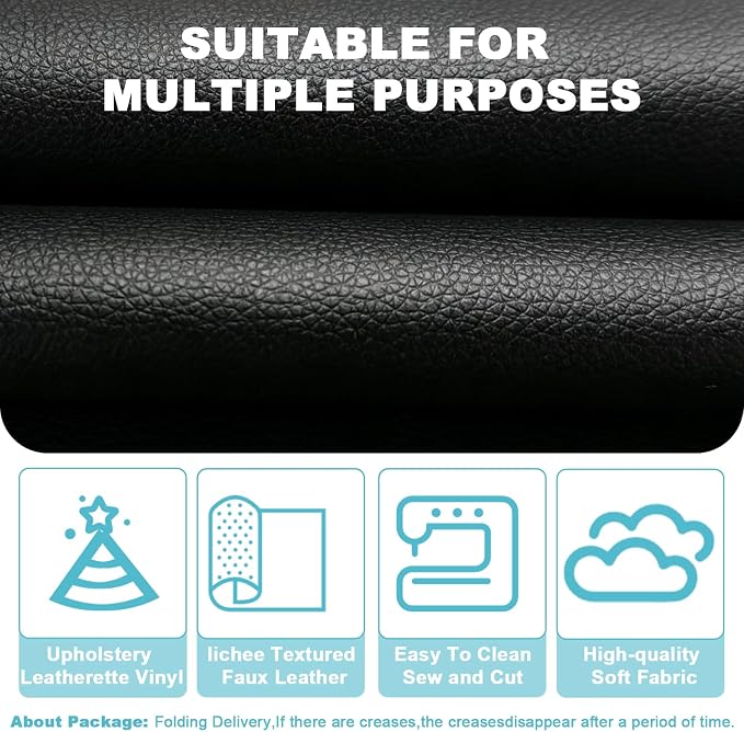 Black Lychee Grain Faux Leather Fabric 39"x54" - Waterproof Marine Grade Vinyl for Car Seats, Boat Upholstery & Heavy-Duty Furniture Projects