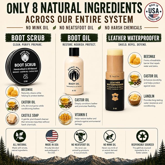 Leather Boot Care Kit - Made in USA (Not China) - Boot Oil, Waterproofer, Cleaning Scrub for Boots (Like Saddle Soap), Brushes and Cloth - Do NOT use Mink Oil (Love Animals) - All Natural Ingredients