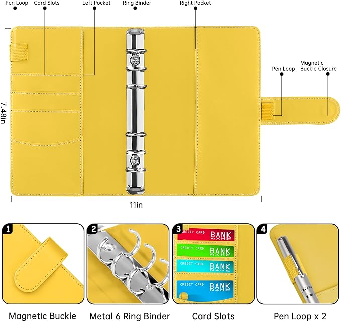Antner A6 Notebook Binder Refillable 6 Ring Budget Binder Cover for A6 Refill Paper, PU Leather Budget Planner Organizer with Magnetic Buckle, Loose Leaf Personal Planner, Lemon Yellow