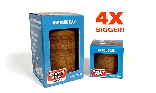MATCH 'N PATCH Project+ Wood Grain Repair Tape - Antique Oak, 4.5 in x 30 ft (1-Pack) – Wood Grain Colored Duct Tape for Mirror Frame, Trim, Borders, Floor and Other Furniture, Scratch Repair Kit