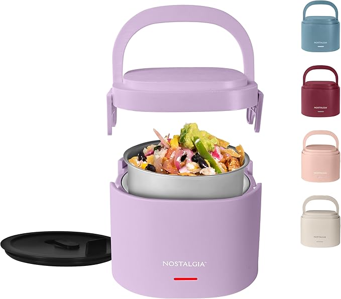 Nostalgia Portable Heated Lunch Box – 2.5-Cup Stainless Steel Food Warmer – Detachable Cord, Leak-Proof Lid, Carry Handle – Portable for Work & Travel – Lavender