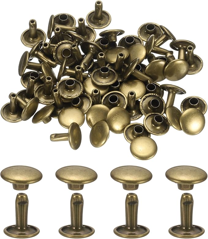 uxcell 120Set Leather Rivets, 10mm Double Cap Rivet Tubular Metal Studs Repairs Decoration Craft Accessories for Repair Decorate Leather Craft Belt Bag Shoes Purse Belts, Bronze