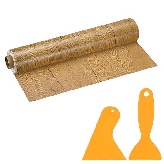 PATIKIL Wood Grain Repair Tape, 12" x 33' Self Adhesive Realistic Wood Tape with Scraper Durable Repair Patch for Furniture Floor Window Door Table DIY Home Decor, Yellow Teak