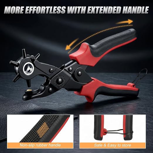XZQTIVE 6 Sizes Heavy Duty Revolving Punch Plier Kit, Double Lever Labor-Saving Belt Hole Puncher Tool Set for Leather Repair, Watch Bands, Bag Straps, Dog Collars, Saddles, Shoes, Fabric, DIY Crafts