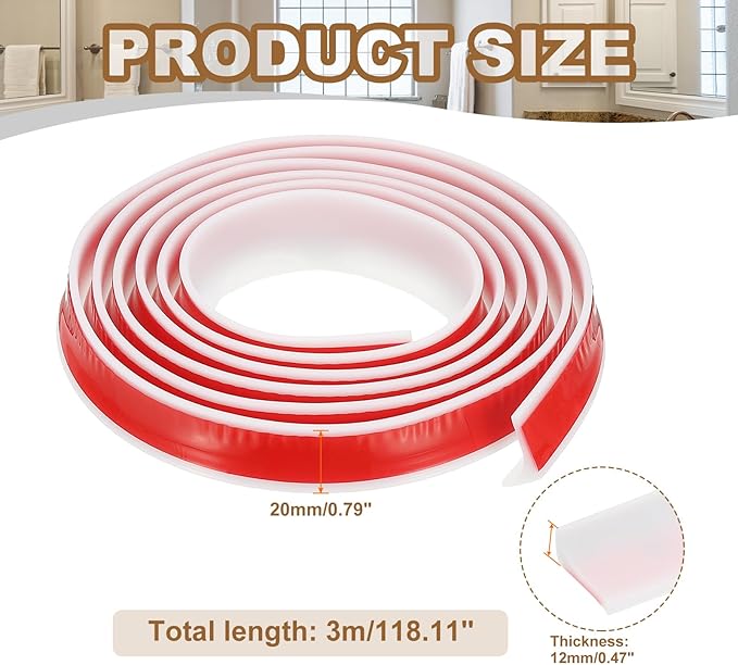 PATIKIL 118 Inch Collapsible Shower Threshold Water Dam Guard, Shower Stopper Barrier Self Adhesive Sink Splash Guard for Frameless Shower Door Bottom, White (0.8"Wx0.5"T)