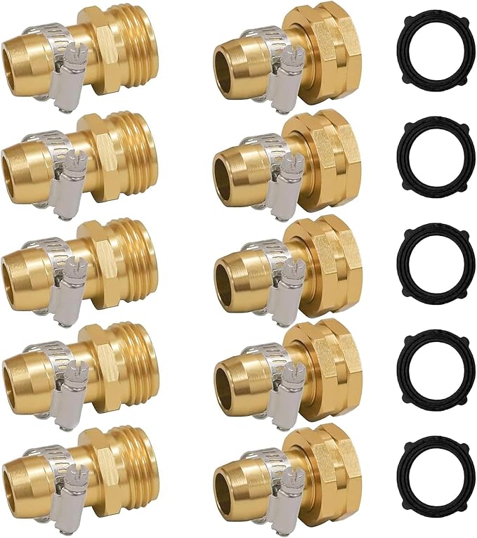 Hourleey Garden Hose Repair Connector with Clamps, Fit for 3/4" or 5/8" Garden Hose Fitting, Male and Female Hose Adapter Water Hose Repair Kit, 5 Set