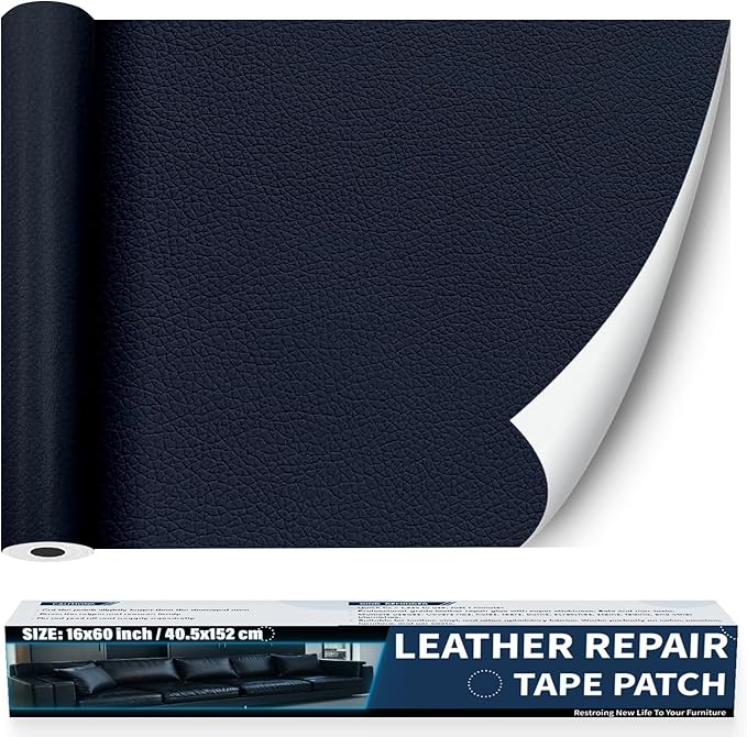 Zenyao Leather Repair Patch Tape - Self Adhesive Leather Repair Kit for Car Seat Furniture, Heavy Duty Vinyl Repair Patch for Couch Sofa, Waterproof Fix for Tears, 16x60 Inch Roll, Navy Blue