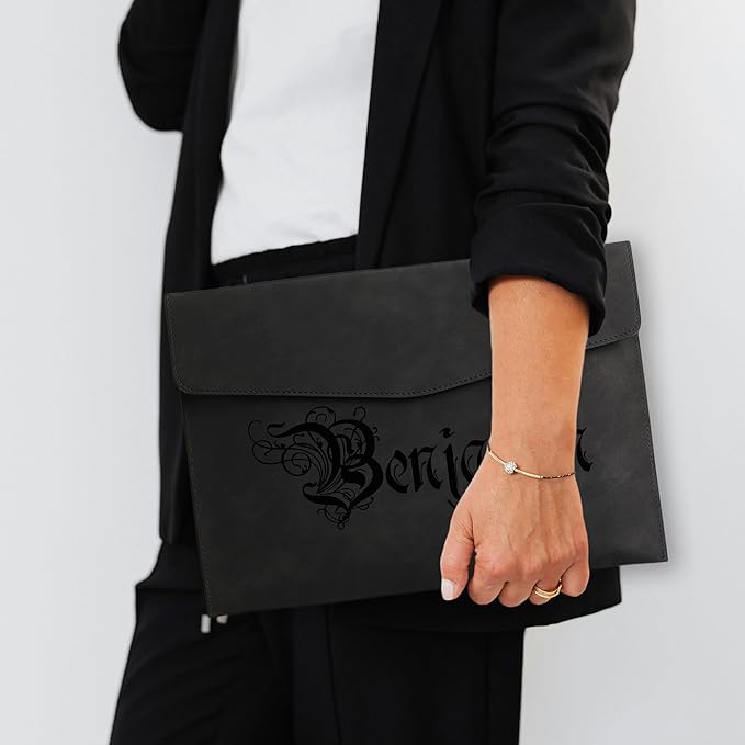 Customized A4 File Folder Expandable File Organizer,Personalized Name PU Leather Envelope Holder for Work、School、Home、Office (Black)