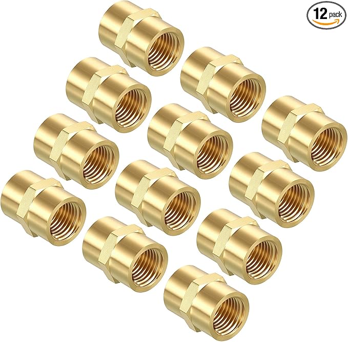 Pack of 12, 1/4" FeMale NPT to 1/4" FeMale NPT Solid Brass Pipe Fitting Coupler, Brass Coupling Hose Fittings Adapter for Pipe Leak Repair, Bathroom Remodeling, Tool Extensions