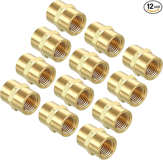 Pack of 12, 1/4" FeMale NPT to 1/4" FeMale NPT Solid Brass Pipe Fitting Coupler, Brass Coupling Hose Fittings Adapter for Pipe Leak Repair, Bathroom Remodeling, Tool Extensions