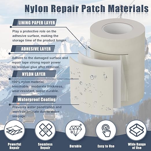 Cahomo 7.9x3.9 inch 12 PCS Nylon Repair Patch Nylon Repair Tape Self Adhesive Fabric Tapes Outdoor Camping Gear Fabric kit for Tent, Umbrella, Down Jackets, Sleeping Bag, Knapsack（Light Brown）