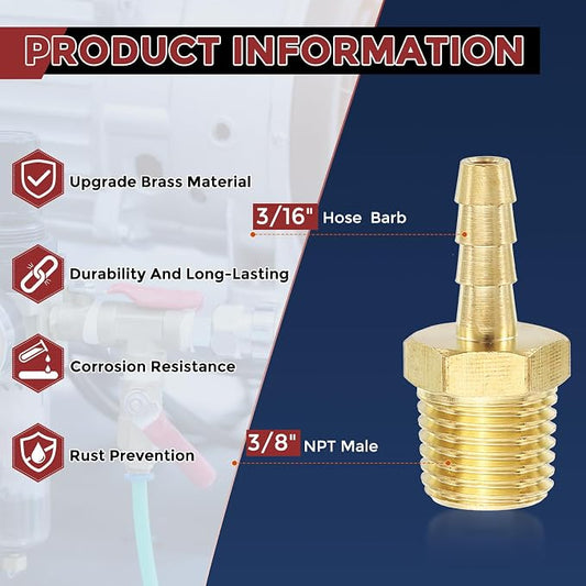 Pack of 2 Brass Hose Barb Fittings Adapter Connector 3/16" Hose Barb to 3/8" NPT Male Fittings for Home Machines, Massage Bathtubs, and Irrigation Systems