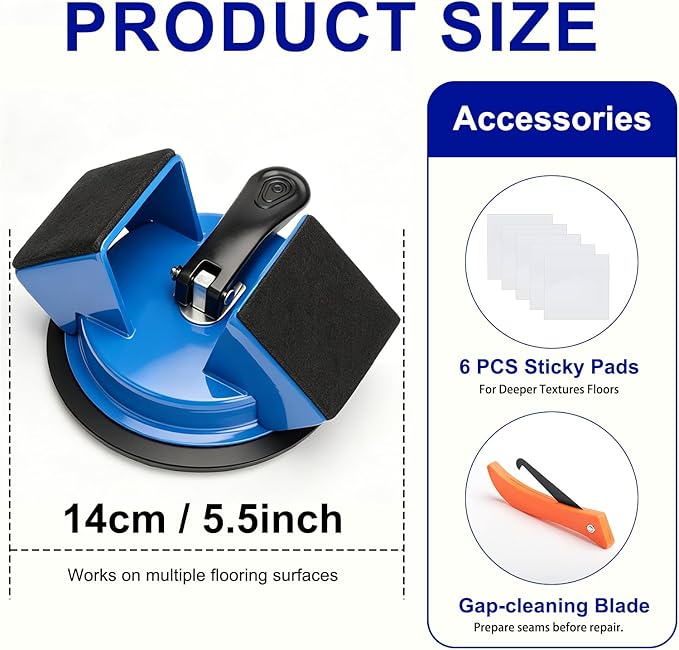 Floor Gap Repair Tool-Heavy Duty Iron Plank Grabber with Enhanced Suction Cup, Quick Lock Puller for Laminate for Floating Laminate & Vinyl Plank Flooring Repair, with 6 Sticky Pads & Cleaning Blade