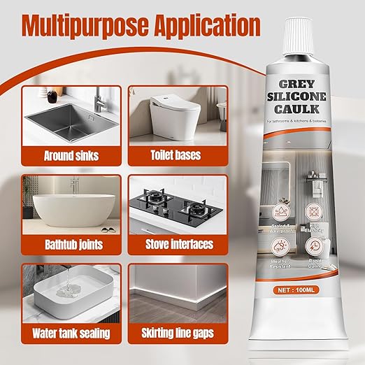 Gray Caulk, No Shrinkage or Cracking, Waterproof Gray Silicone Caulk for Bathroom, Kitchen, Shower, Bathtub, Toilet, Sink, Window and Door, with Masking Tape, 100ml