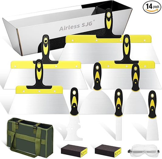 14PCS Drywall Knife Set, Hand Tool Kit Include Stainless Steel Putty Knives, Taping Knives, Painter Scraper, 14" Drywall Mud Pan,Oxford Carry Bag & Sanding Block,Spackle Tools for Home