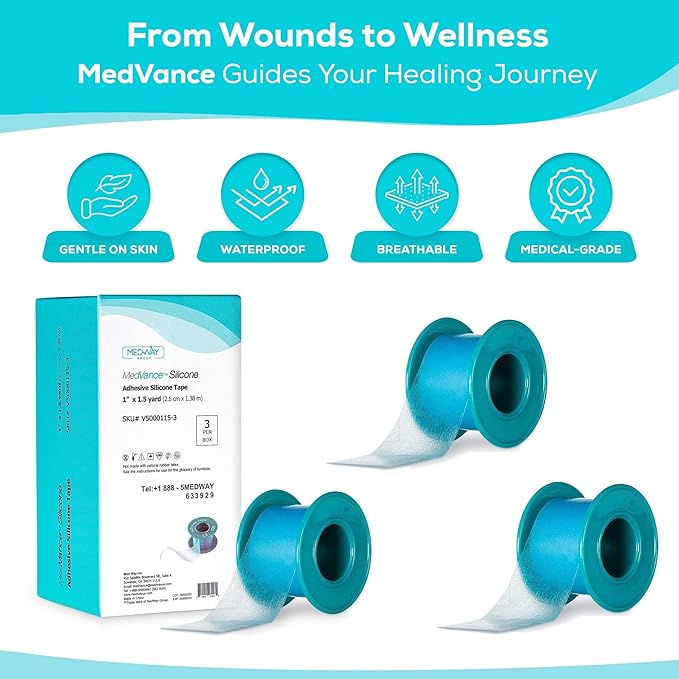 MedVance Silicone Tape Medical, Perforated Surgical Tape Sensitive Skin, Waterproof Tape for Skin, Medical Tape for Wound Care, Eyelash Tape, Gentle Skin Tape, 1" Width (3 Pack, 54 Inches)